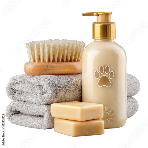 Pet bathing essentials brush, soap, lotion, and towels