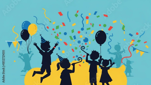 Silhouette of children in party hats jumping with colorful balloons and confetti on a bright blue background for kids celebrations