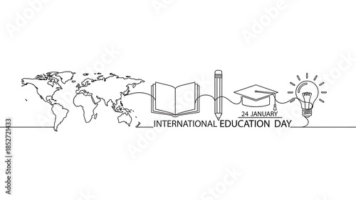 International Education Day Illustration with Map, Books, Graduation Cap, and Lightbulb