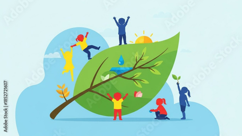 Children playing on a large green leaf with a tree branch, sunny sky, and water droplet, symbolizing eco friendly fun and carefree