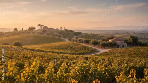 Picturesque Tuscan landscape with a vineyard and historic temple ruins at sunrise or sunset. Italian countryside, agricultural beauty.