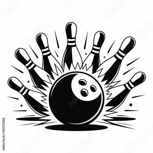 Bowling Strike with Pins and Ball in Monochrome Style, Sports Action Illustration, Bowling Game Icon, Competitive Play Graphic, Recreation and Leisure Design, Athletic Illustration.