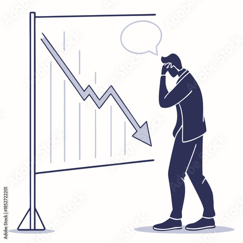 Man in dark blue looking at declining chart on board