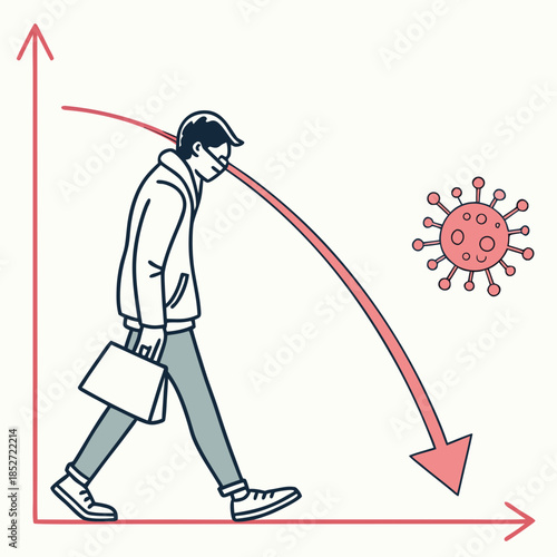 Of man walking with briefcase and declining chart line affected by virus