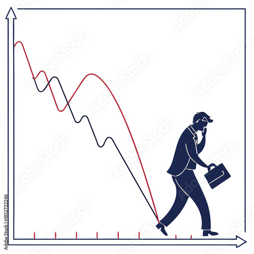Downward graph concept with businessman walking on axis