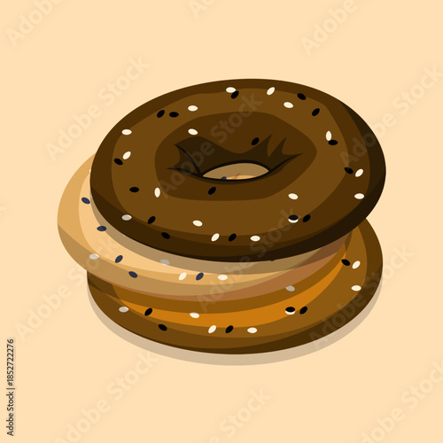 Classic illustration of a stack of three assorted bagels with sesame seed topping on cream background. National Bagel Day, January 15th
