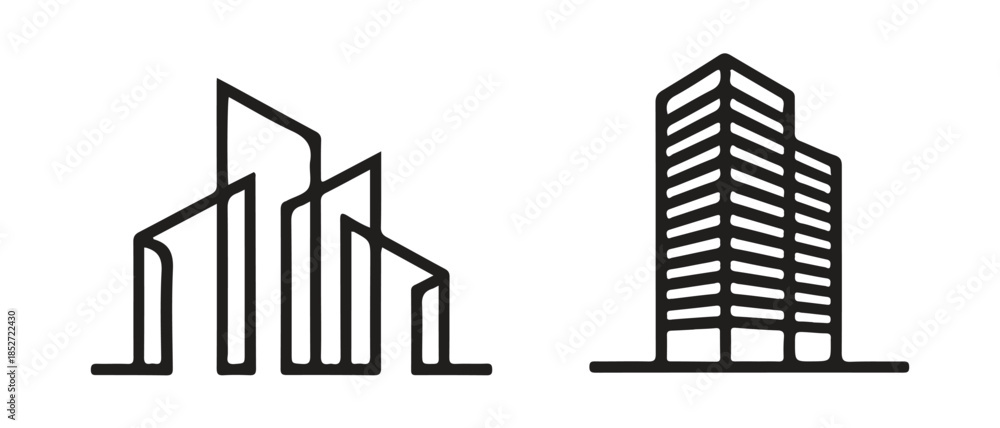 Obraz premium Minimalist city skyline icon set buildings vector line art abstract real estate architecture design