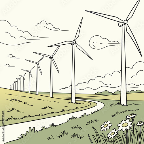 Wind turbines on rolling hills with road and flowers