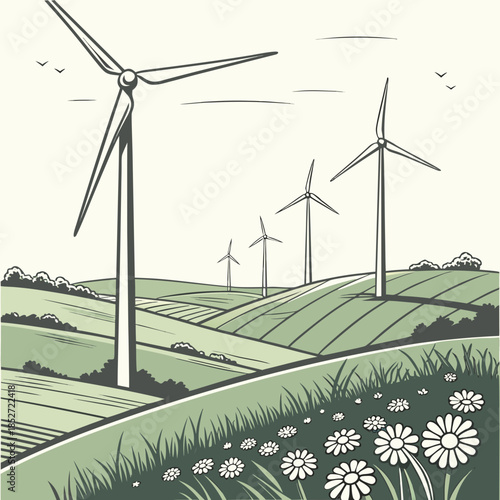 Wind turbines on rolling hills with flowers and grass