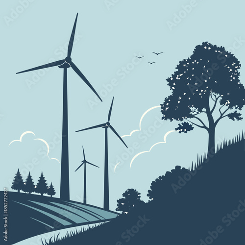 Wind turbines on a hillside with trees and clouds renewable energy