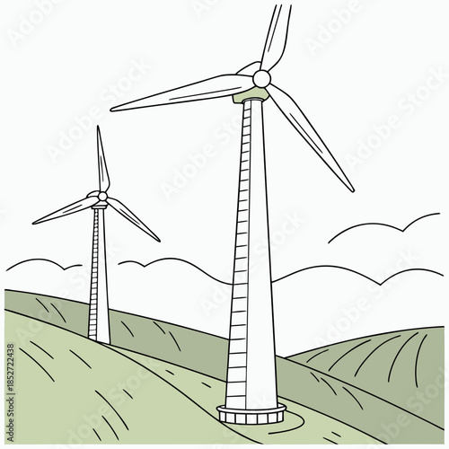 Wind turbines on rolling green hills renewable energy