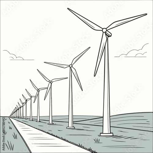 Wind turbines arranged in parallel alignment on grassy field