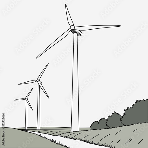 Wind turbines on a grassy hill with accurate shadows