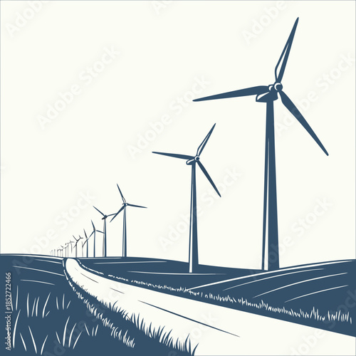 Wind turbines in a line on a hill renewable energy