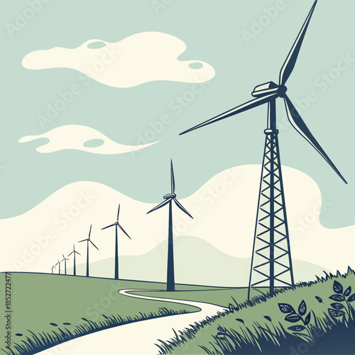 Wind turbines on green hill with pathway and blue sky