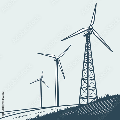 Wind turbines on a hill with accurate shadows renewable energy