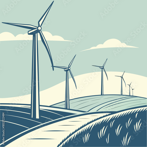 Wind turbines on rolling hills in blue and beige renewable energy