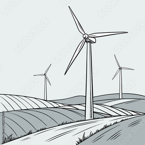 Wind turbines on rolling hills with road wind energy