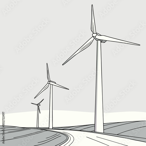 Wind turbines on rolling hills with accurate shadows