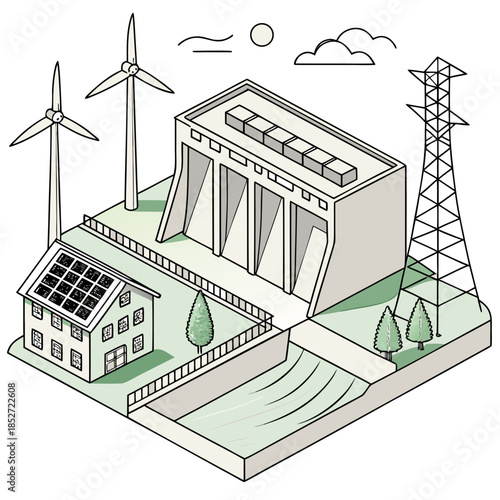 Isometric of renewable energy sources with house and dam