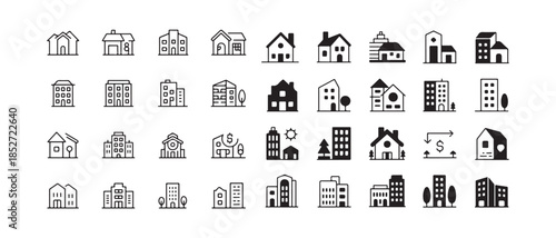 Set of 36 outline buildings black and white icons for property housing and real estate business