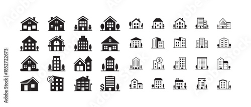 Set of 36 solid black and white buildings icons for property housing and real estate business