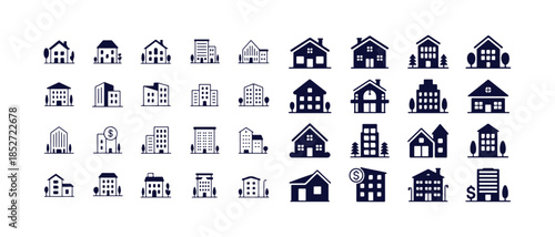 Set of 36 solid blue and white buildings icons for property housing and real estate business