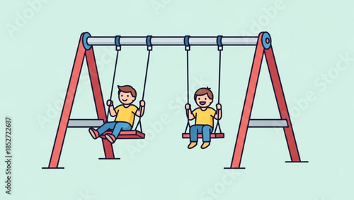 Two boys swinging on a red swing set outdoors in a playground on a sunny day with happiness and excitement on their faces in a fun