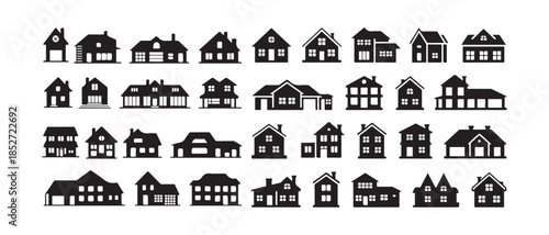 Set of 36 black silhouette buildings for property housing and real estate business websites