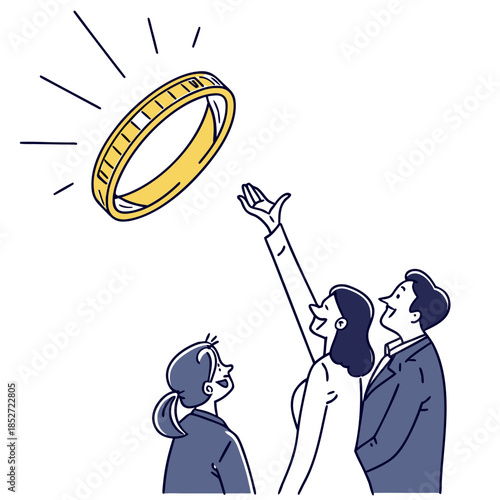 Bright yellow coin ring hovering above three people
