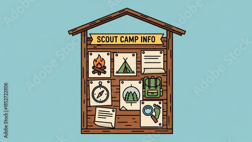 Scout camp information board with camping icons and sign, wooden cabin with graphics of tent, compass, backpack, and campfire on blue