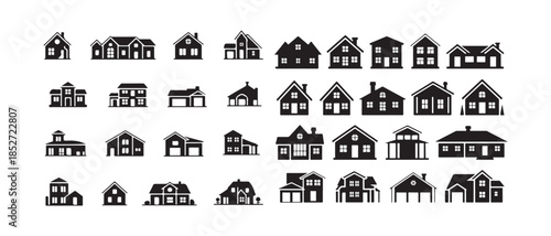 Large collection of diverse house silhouettes featuring various architectural styles and residential designs