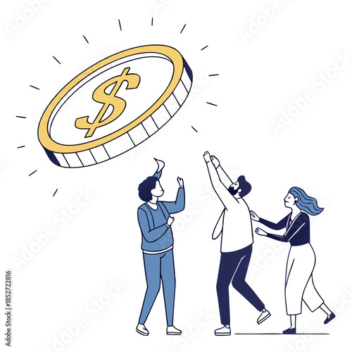 Bright gold coin hovering above three people in presentation