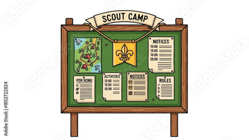 Scout camp bulletin board with map, notices, and activity schedule, outdoors