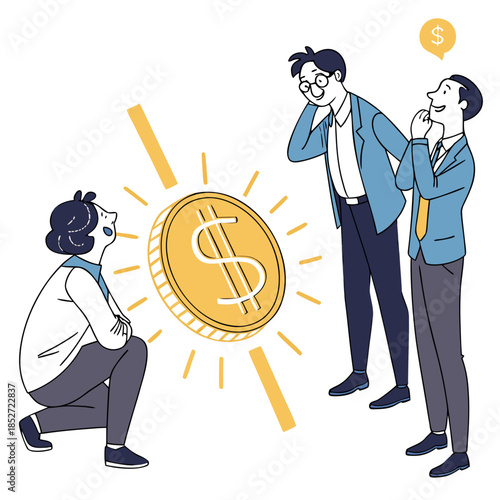 Group of investors standing around a glowing coin businessmen