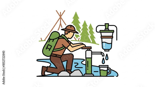 Hiker using portable water filter to refill bottle from stream in forest with tent