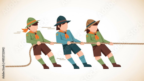 Three scouts in green and blue uniforms pulling rope in unison with orange scarves and hats on a beige background