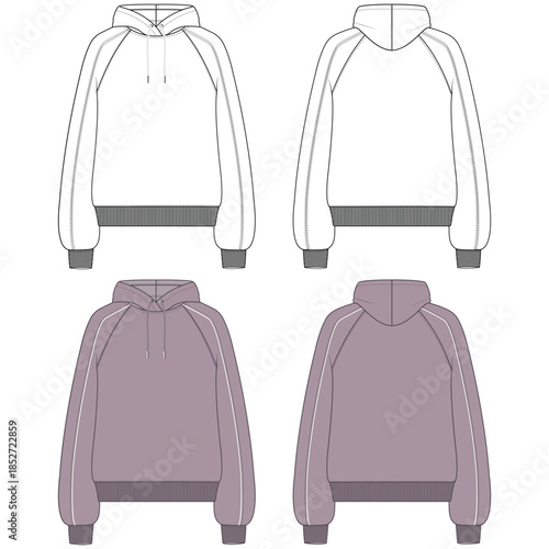 Women's raglan sleeve Pullover hoodie Technical Flat Sketch and Front and Back  CAD Template,m ockup