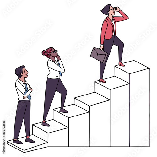 Business professionals standing on stair steps looking ahead