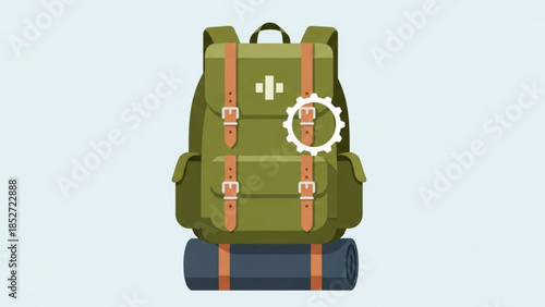 Green backpack with brown straps and a sleeping bag, outdoor gear for hiking and travel adventures