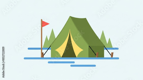Green tent pitched on serene lake shore with flag and trees in background for camping adventure travel