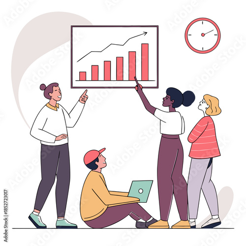 Team analyzing floating bar graph in air white background