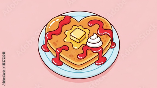 Heart shaped pancakes with butter, strawberry syrup, and whipped cream on a blue plate against a pink background