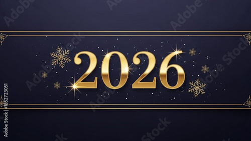 Golden 2026 new year celebration with snowflakes on dark background with starry night effect