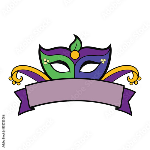 Vibrant Mardi Gras carnival banner featuring an ornate half mask, feathers and beads, rich purple, green and gold tones, festive lights and confetti capturing joyful New Orleans spirit.
