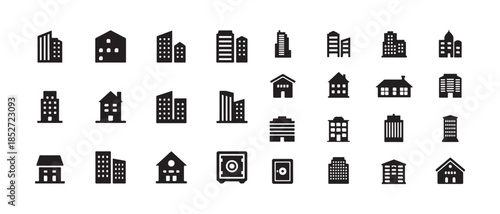 Set of buildings and houses vector icons collection architectural structures and safe boxes