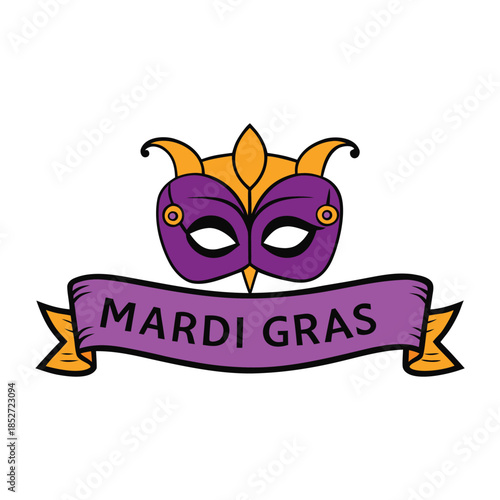 Vibrant Mardi Gras carnival banner featuring an ornate half mask, feathers and beads, rich purple, green and gold tones, festive lights and confetti capturing joyful New Orleans spirit.
