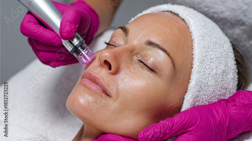 Woman receiving microneedling treatment for skin rejuvenation