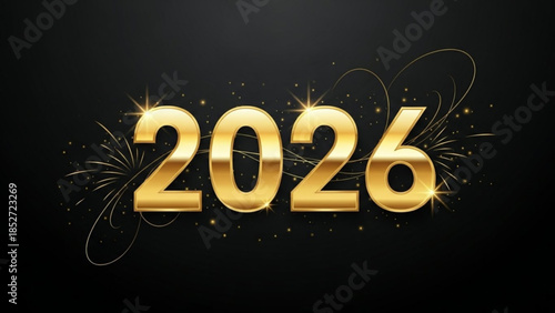Golden 2026 new year celebration with fireworks on black background for festive greeting cards and party invitations with shiny gold