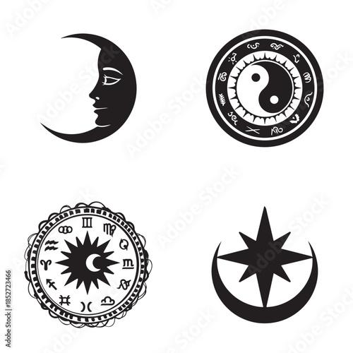 Mystical symbols of the moon, yin yang, zodiac, and compass for celestial and astrological themes.